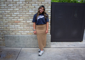 Camel Straight Cut Midi Skirt