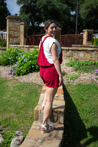 Brick Red Overalls Shorts Romper
