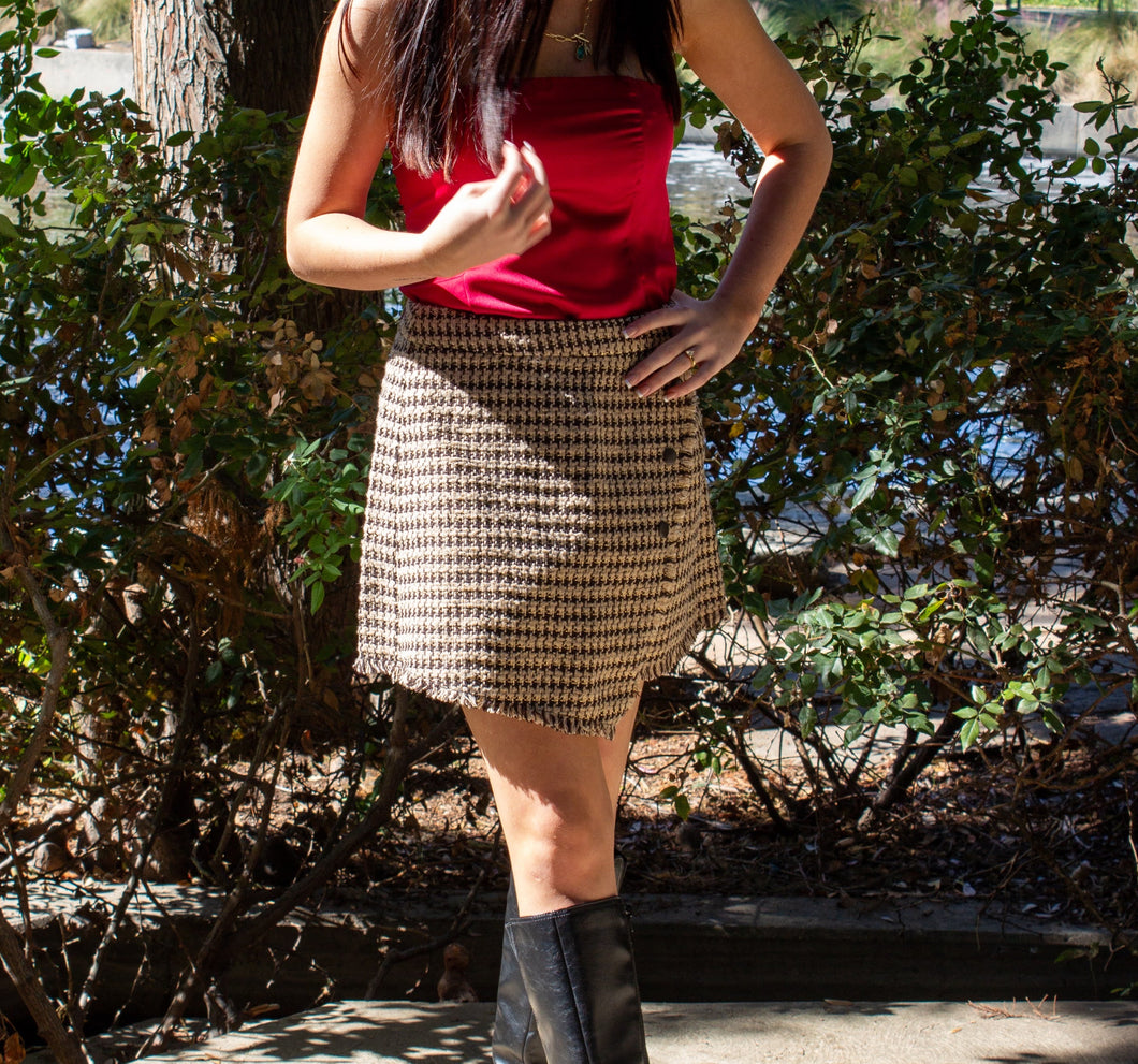 Taupe Houndstooth Faux Wrap Skort