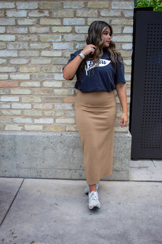 Camel Straight Cut Midi Skirt