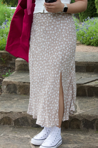 Taupe Floral Side Slit Skirt