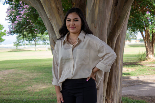 Curvy Khaki Pin Striped Dress Shirt