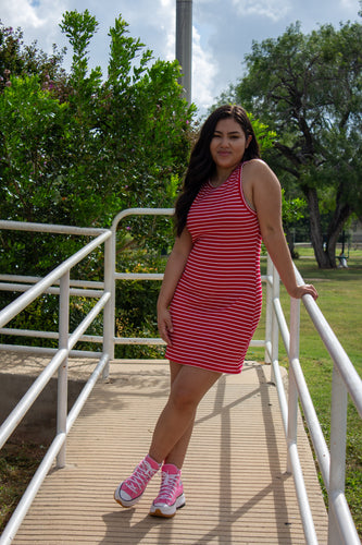Red and White Sun Striped Minidress