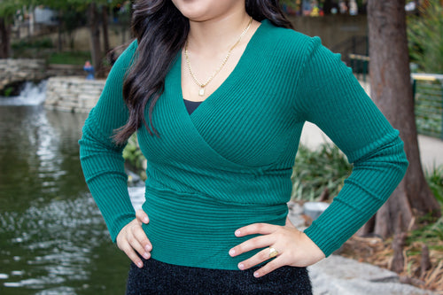 Green V-neck Knit Top