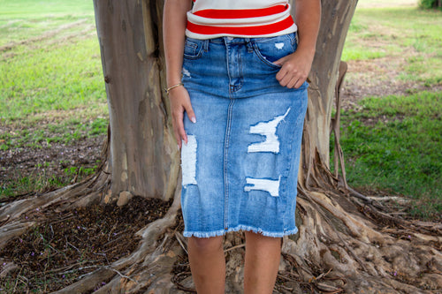 Denim Distressed Pencil Skirt
