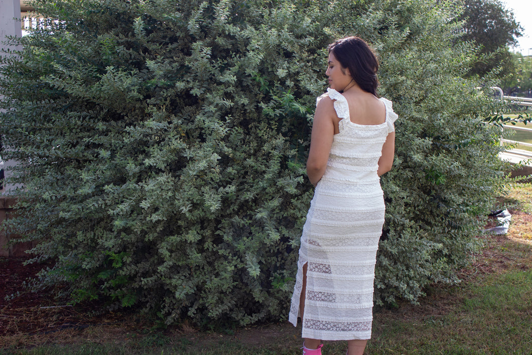 white dress with ruffle straps White Lace Ruffle Strap Midi Dress – Be Beautiful Boutique LaVernia