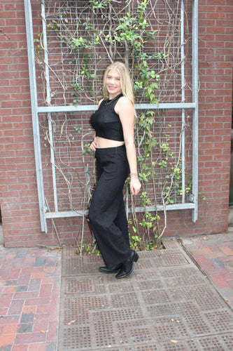 Black Crinkle Crop/Wide Leg Pant Set