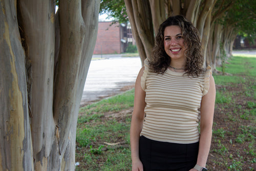 Light Khaki Striped Ruffle Sleeveless Top