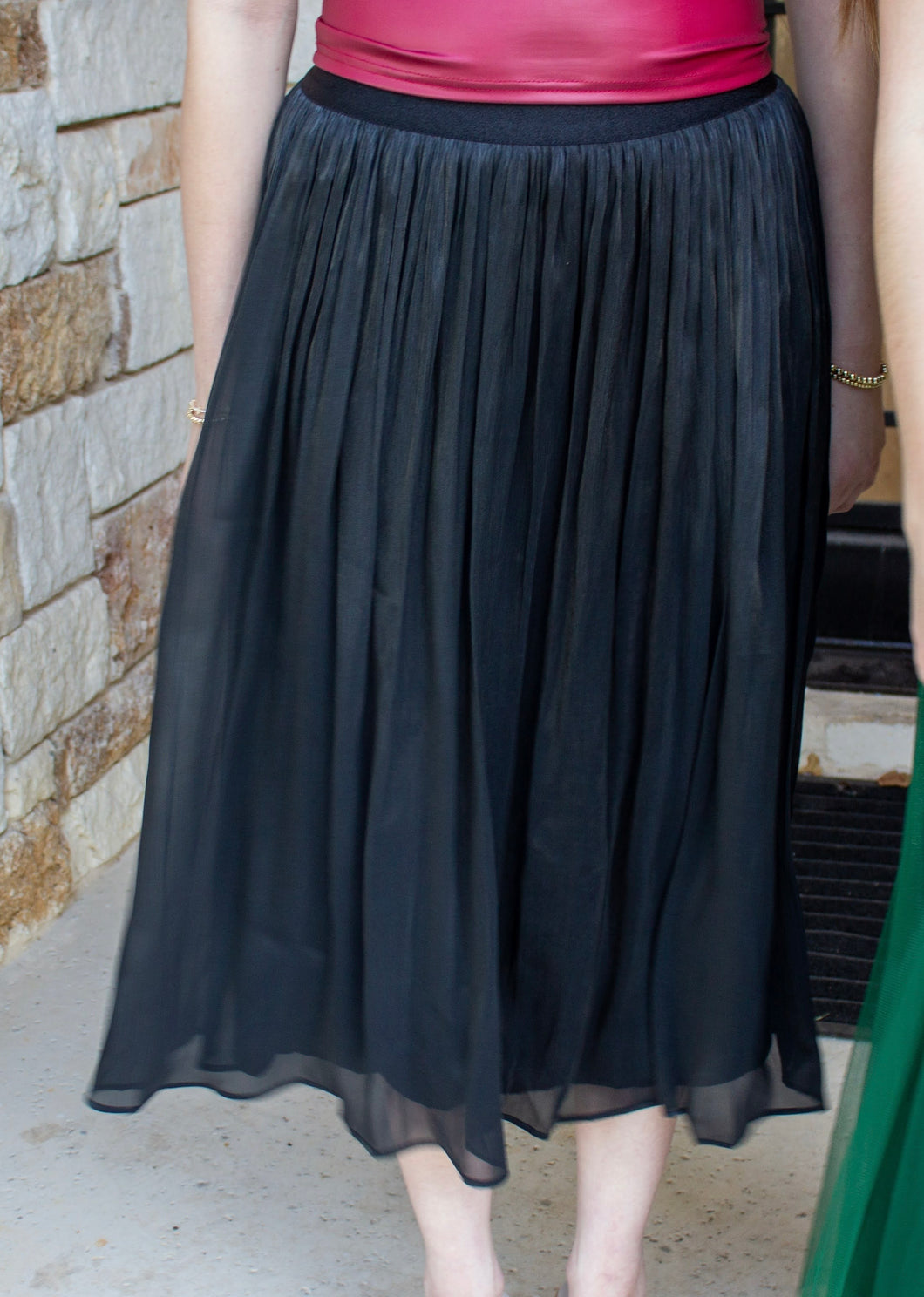 Black Shimmer Pleated Midi Skirt