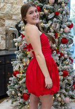 Red Tie Mini Puffy Dress