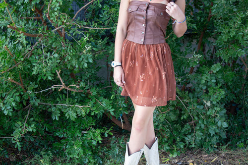 Brown Floral Pleated Mini Swing Skirt