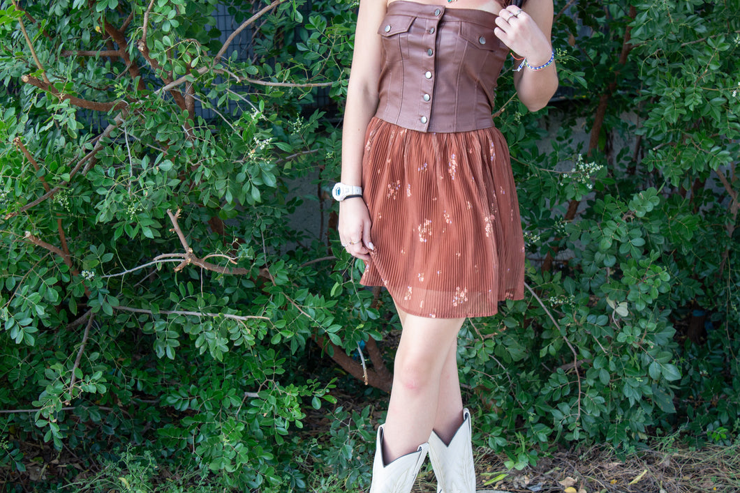 Brown Floral Pleated Mini Swing Skirt