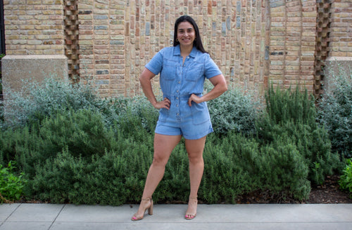 Light Washed Denim Shorts Romper
