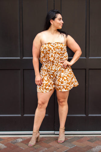 Strapless Shorts Romper, Mocha/Ivory