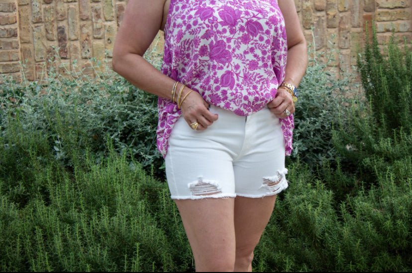 White Denim High Waisted Distressed Shorts