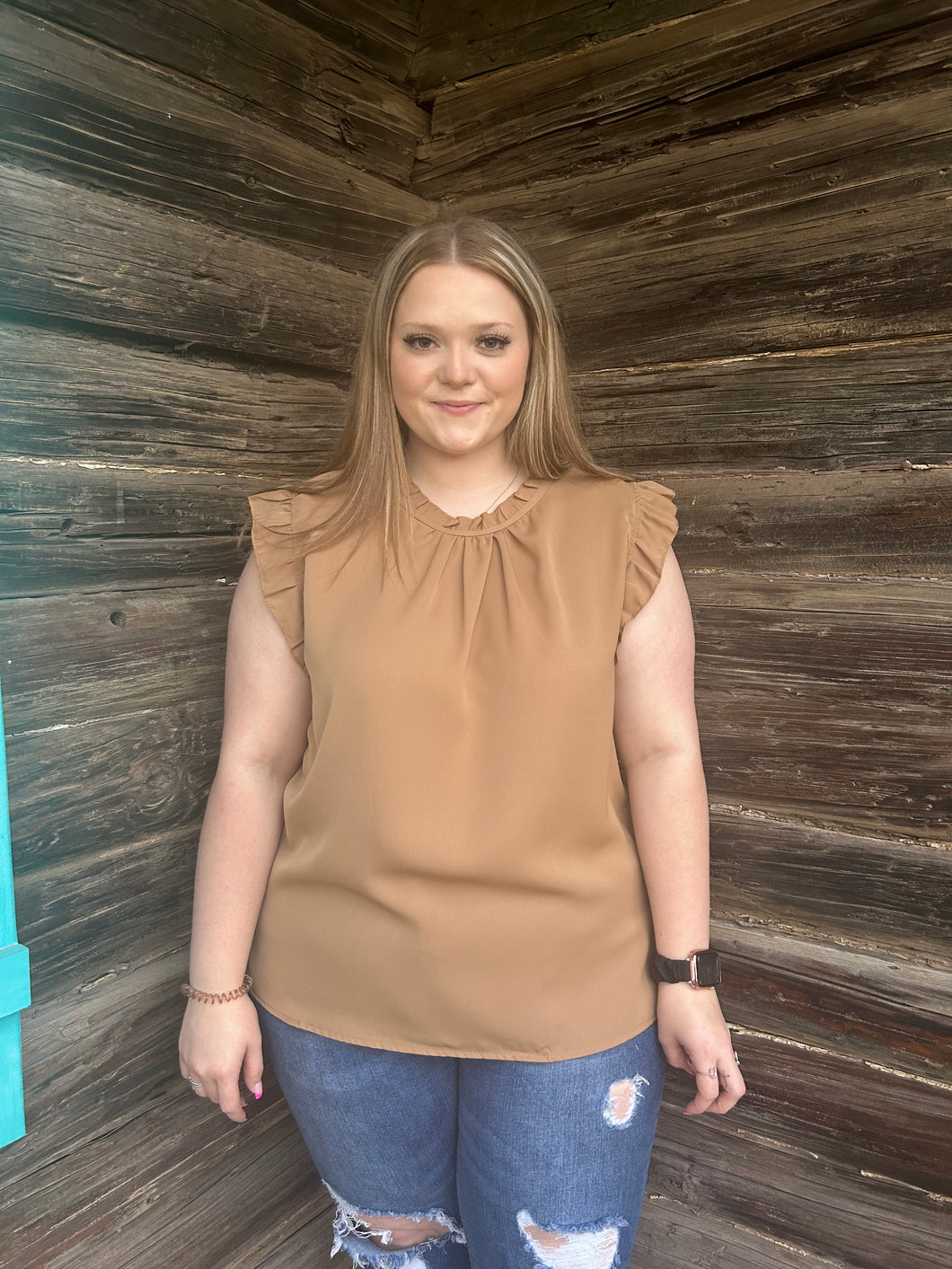 Curvy Tan Sleeveless top with Ruffle Accent